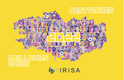 Voeux IRISA 2022. Bretagne colorée de visages des membre de l'IRISA avec géolocalisation des sites de Rennes, Lannion et Vannes