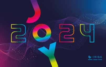 Visuel des voeux Joy 2024 en couleurs vives avec logo IRISA Rennes Lannion Vannes