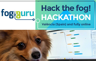 Titre "Hack the fog!" logo Fogguru et chien devant un écran