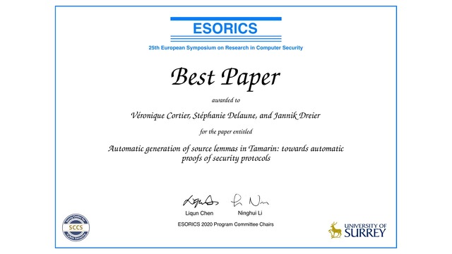 Best Paper Award S.Delaune ESORICS conf.